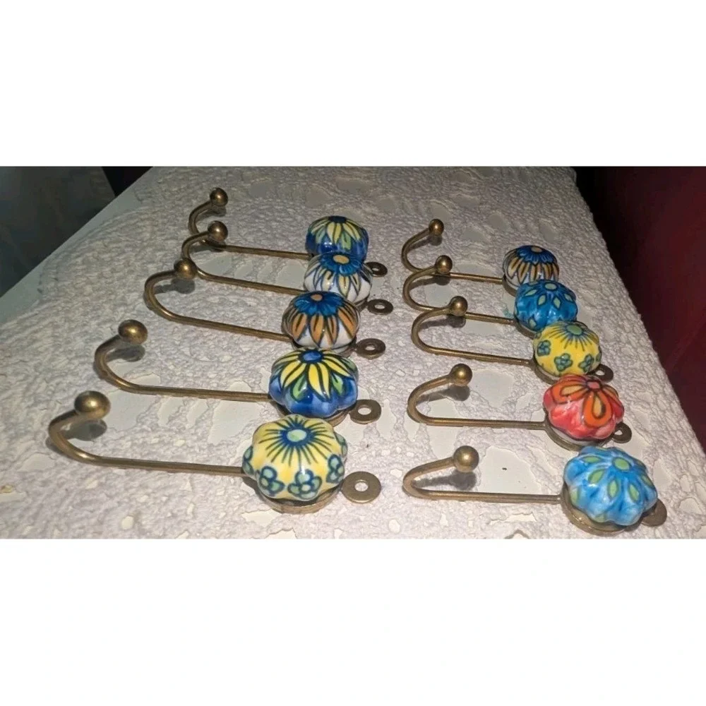 Vintage Hand Painted Ceramic Wall Hooks‎ Floral Brass Robe Coat Hooks Set of 10